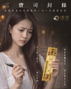 三寶司封條是貼在燒給往生者的紙紮用品、庫錢、蓮花等祭品上的標示封條