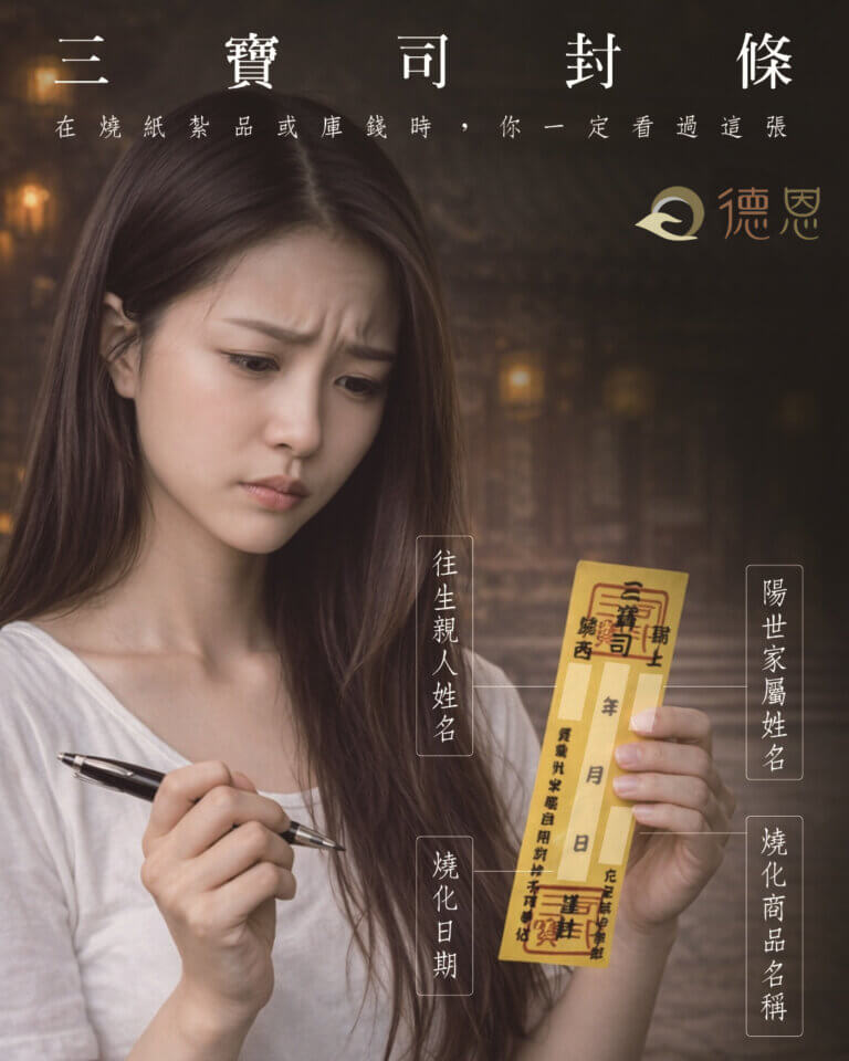 三寶司封條是貼在燒給往生者的紙紮用品、庫錢、蓮花等祭品上的標示封條